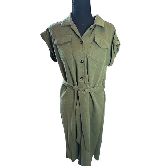 Ann Taylor shirt dess button up tie waist army green petite large workwear - Picture 1 of 10